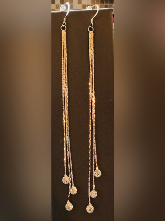 Jewelry - Silver Tone Dangle Earrings with Crystal Accents - 5” long